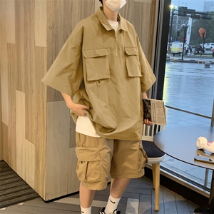 TZ09-P55美式复古工装短袖套装,男式咖色工装鞋怎样搭配图片