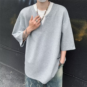 男装2024美式V领假两件设计感短袖夏季宽松休闲简约T恤T5503/P38图片