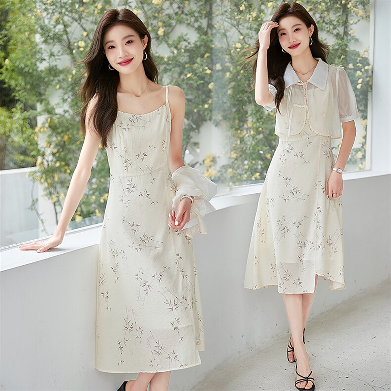 现货！！两件套碎花吊带连衣裙女夏季配盘扣小披肩，女装连衣裙，以桐