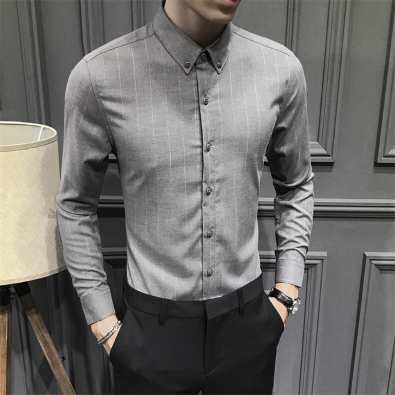 条纹男生衬衫修饰翻领衬衣C607，男装衬衫，星座1012