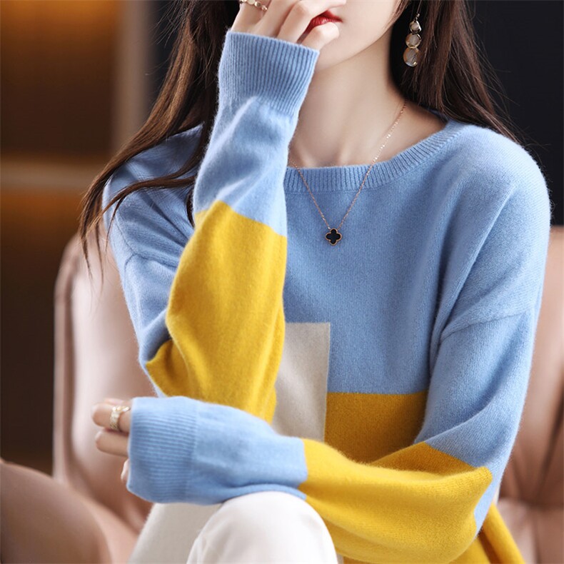 时尚拼色圆领女士羊毛衫百搭显瘦保暖针织衫，女装羊毛衫，莺澜羊绒