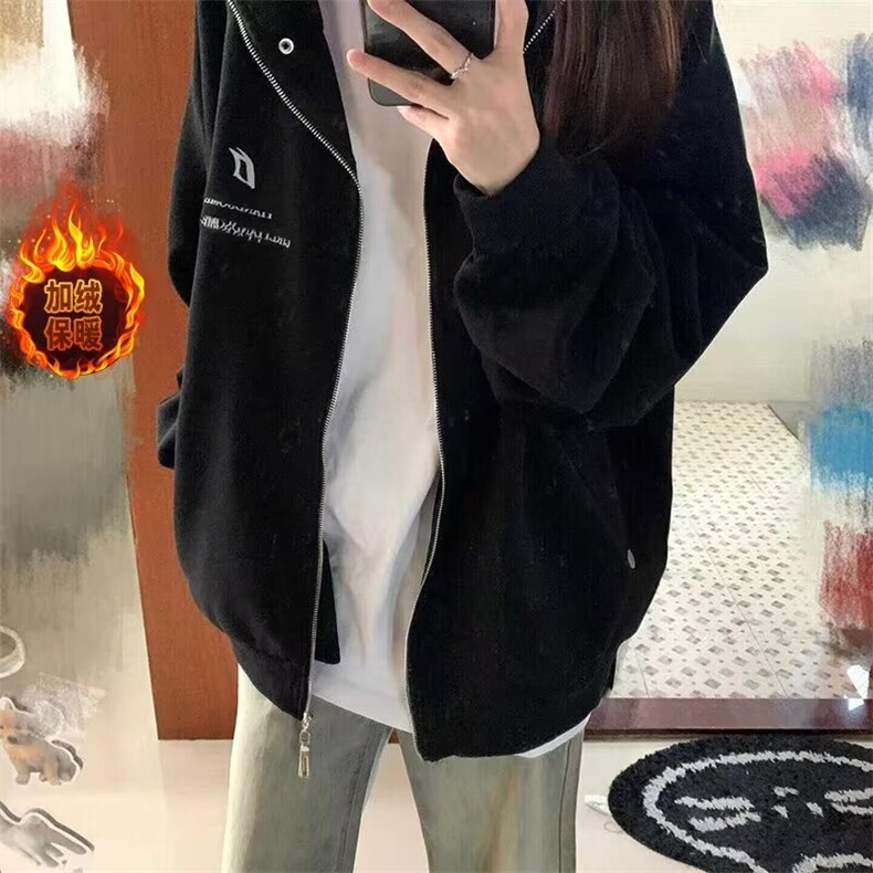 美式复古潮牌街头风开衫连帽加绒加厚卫衣男女2024春秋季宽松外套图片