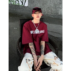 垫肩T恤镭射反光字母印花纯棉短袖重磅宽松t恤衫T2429-P35，男装T恤，星座1213