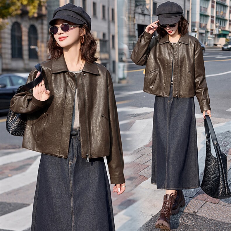 2025秋装新款简约时尚潮流摩登皮衣外套，女装皮衣，魅丽静蓝