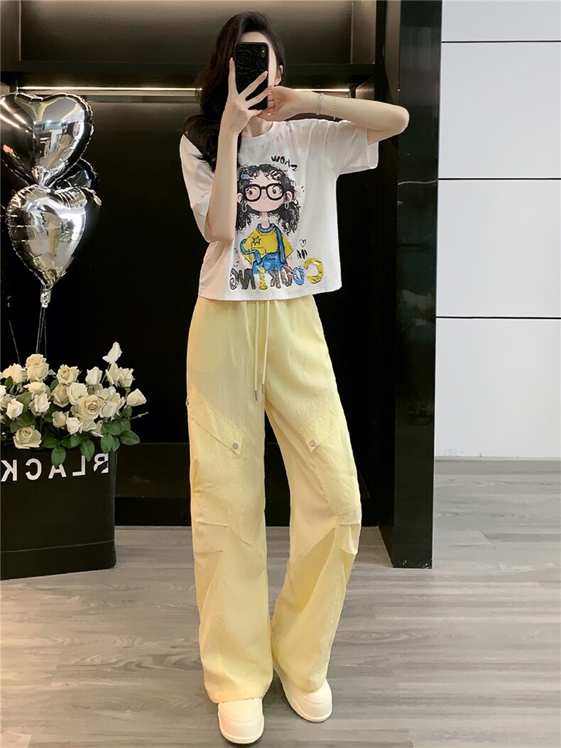 女夏季潮流时尚套装宽松显瘦圆领卡通印花T恤阔腿工装长裤两件套,女装套装/套裙,江南