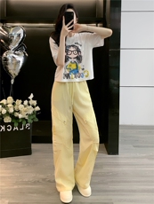 女夏季潮流时尚套装宽松显瘦圆领卡通印花T恤阔腿工装长裤两件套，女装套装/套裙，江南