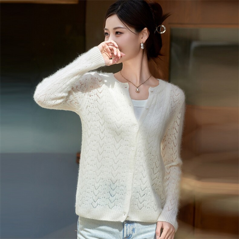 2024年秋季羊毛精致圆领镂空开衫，女装羊毛衫，忠诺羊绒