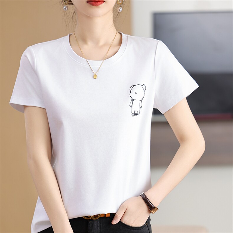 丝光棉烫钻烫画刺绣短袖t恤女夏季新款韩版宽松显瘦百搭圆领上衣，女装T恤，元素羊绒