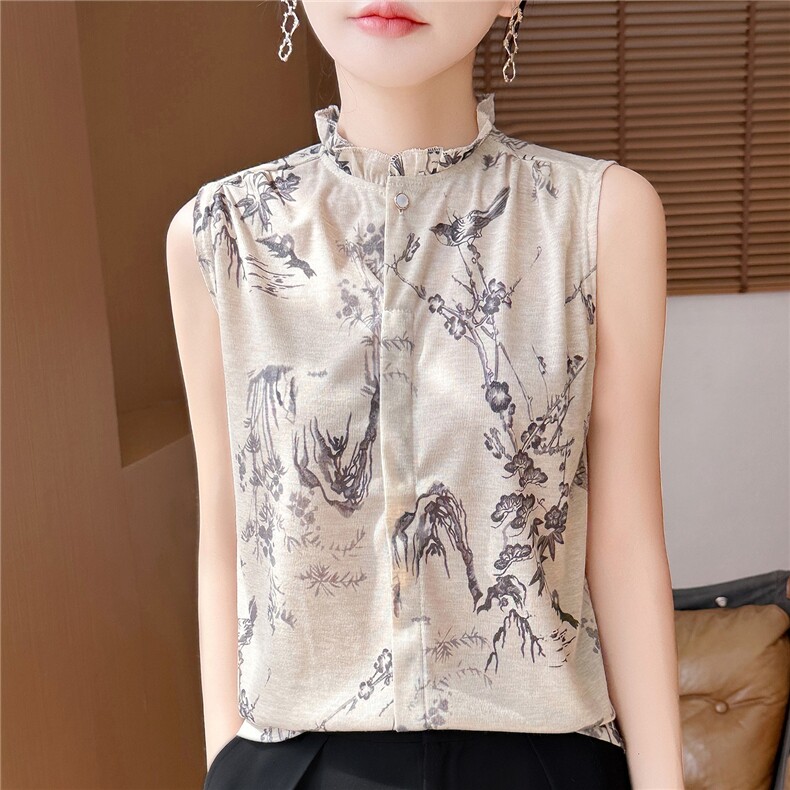 2025年秋季常规套头圆领休闲/淑女印花木耳边无袖，女装针织衫/毛衣，朝贺羊绒