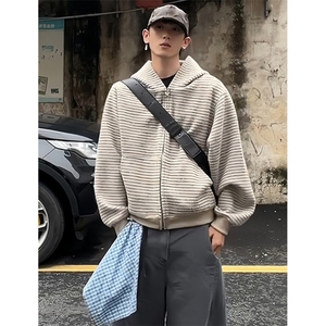 美式复古条纹拉链开衫连帽卫衣男女宽松休闲百搭情侣外套 WA231图片
