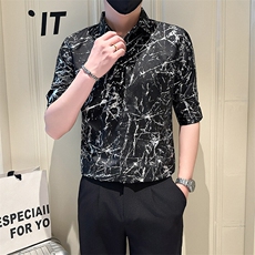 店主风社会小伙男七分袖烫金衬衫男休闲衬衣301A-1/CS563/P55，男装衬衫，星座301A-1