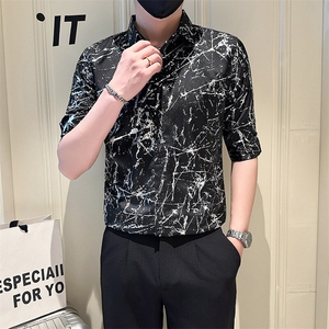 店主风社会小伙男七分袖烫金衬衫男休闲衬衣301A-1/CS563/P55图片