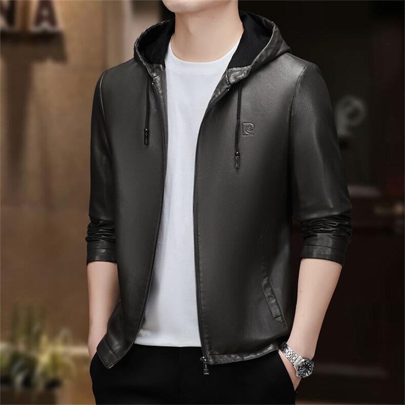 皮尔卡丹男士2025年春季新款潮流连帽机车上衣服休闲皮夹克外套男,男装夹克,电商B212（原钱塘6029）
