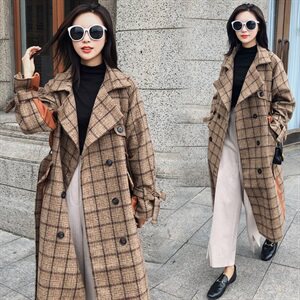 2021春装新款1853款格子长款拼接宽松毛呢大衣咖啡格呢子外套女装图片