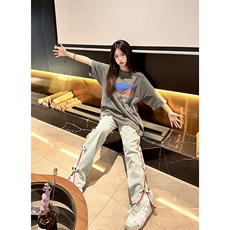 B221美式ins高街暗黑小众毛边破洞直筒牛仔裤LK23112-P75控98，男装牛仔裤，电商B221