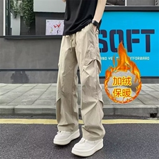 男褶皱加绒高街复古宽松直筒阔腿休闲长裤子XK77加绒-P45，男装卫衣，星座208-5