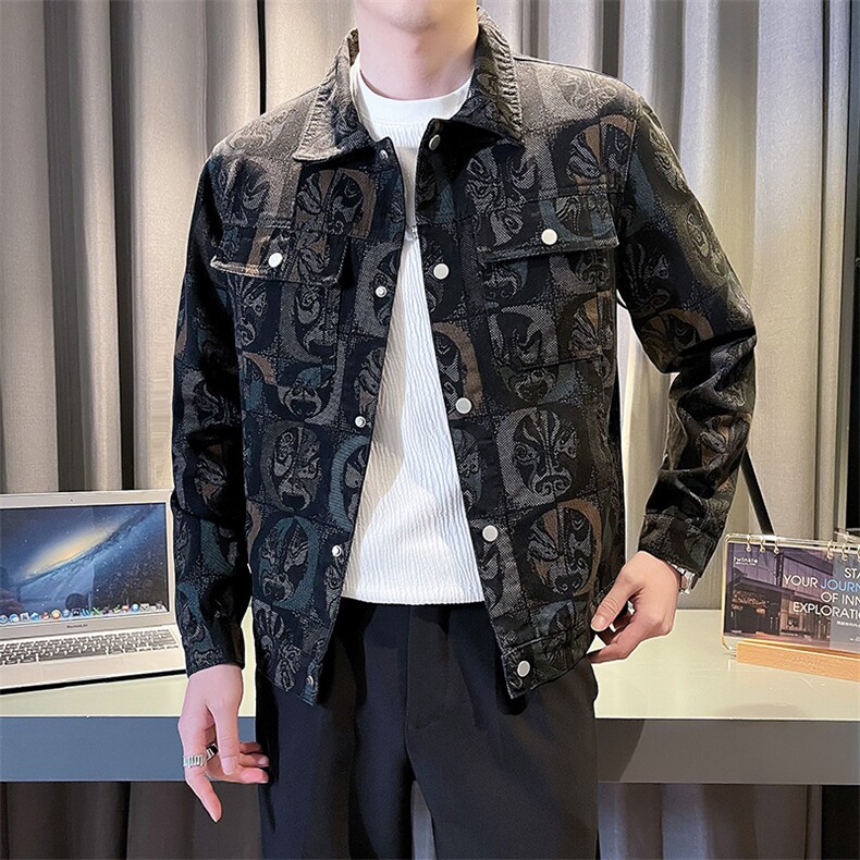 痞帅小伙2025春季新款个性提花印花图案水洗男士牛仔夹克外套图片