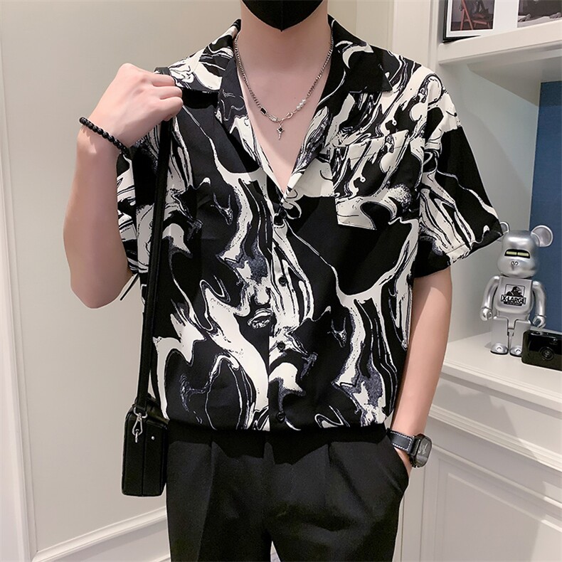 夏季轻熟风小V领印花宽松花衬衫301A-1/CS389/P55,男装衬衫,星座301A-1