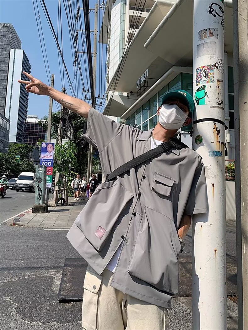日系五分袖夏季新款衬衫潮流慵懒男方领衬衫S2238P38,男装衬衫,星座1116-2