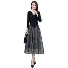 现货2022春秋季新款收腰显瘦法式针织拼接网纱打底连衣裙女，女装连衣裙，然然