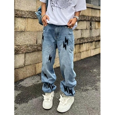 美式高街vibe风复古水洗做旧闪电贴布蓝色牛仔裤男宽松直筒长裤子，男装牛仔裤，四季星座505