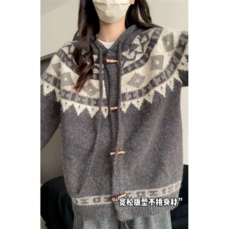 重磅秋冬北极绒开衫毛衣美式复古休闲慵懒风牛角扣针织衫连帽外套,男装针织衫/毛衣,电商A486