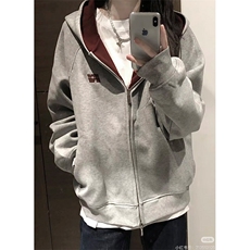 网图短款撞色刺绣双拉链开衫卫衣男女潮牌情侣连帽休闲外套P60，女装短外套，电商C306-1
