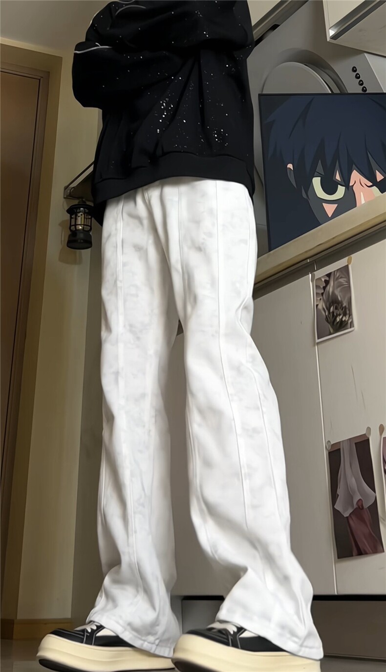 美式潮牌脏赃白色牛仔裤男生春季高街直筒微喇高级感裤子G354p45,男装牛仔裤,电商D256