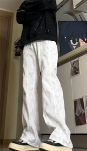 美式潮牌脏赃白色牛仔裤男生春季高街直筒微喇高级感裤子G354p45图片