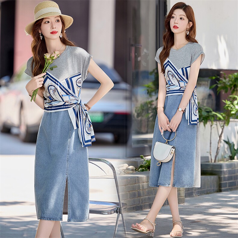 设计感假两件牛仔连衣裙女中长款2025夏季新款丝巾拼接开叉裙子潮，女装连衣裙，依路服饰