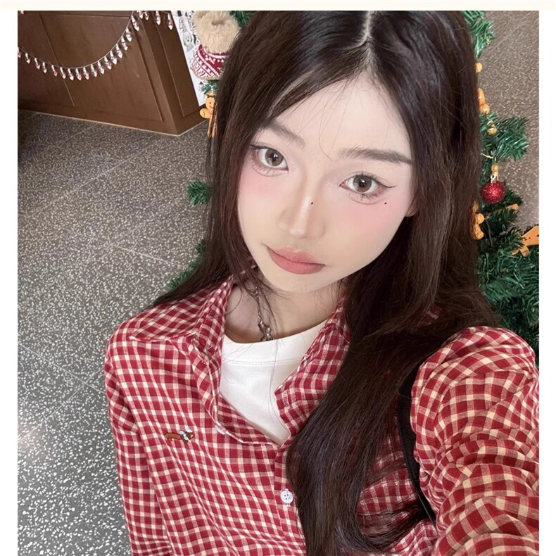 TC672-p45 美式复古腊肠小狗红色格子衬衫女春季2025图片