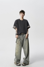 8XL-M格子翻边设计短袖tee男同款文艺休闲T恤上衣半截袖男DX342，男装T恤，电商D206-1