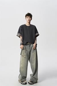 8XL-M 格子翻边设计短袖tee男同款文艺休闲T恤上衣半截袖男DX342图片