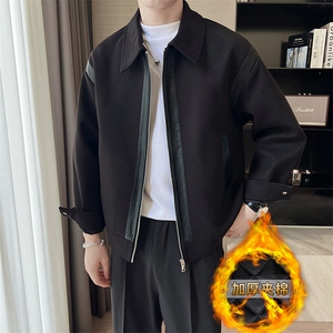 轻熟风高端呢子拼皮宽松外套 大衣夹克男A236-JK0812加棉-P140图片