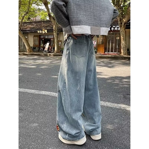 美式高街牛仔裤男女韩版潮流刺绣帅气2025秋冬ins长裤图片