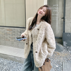 米白色秋冬皮毛一体外套女仿水貂绒休闲上衣2D045-P215-K288图片