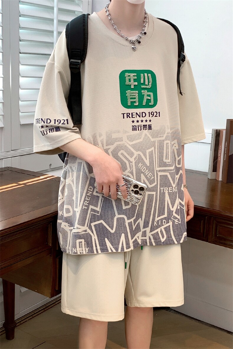 夏上新学生潮毛巾绣运动半袖套装印花短裤T恤男女6639-P60控价88,男装T恤,电商A441-1