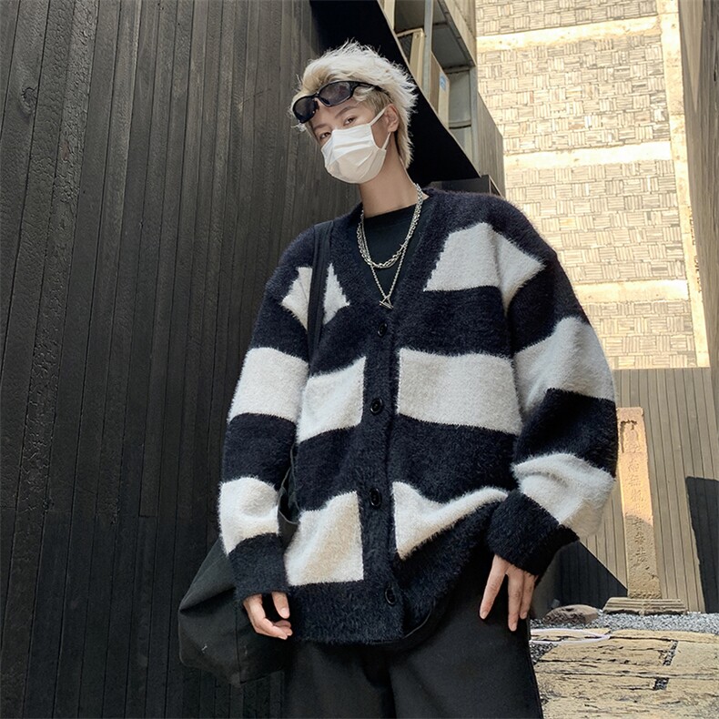 条纹毛衣日系慵懒复古男士针织衫秋冬季新款外套高级感线衣服,男装针织衫/毛衣,星座716-2