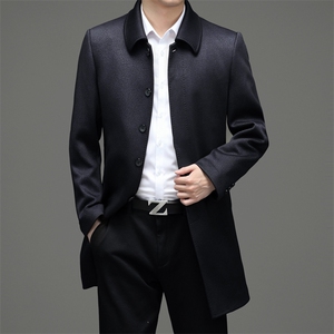 中长款风衣春秋季新款男士中年休闲商务外套男装翻领纯色免烫上衣图片