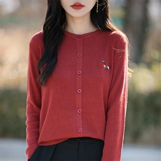 春秋精纺羊毛针织开衫女圆领坑条小马刺绣毛衣高级感宽松外套上衣，女装针织衫/毛衣，佳绒包芯纱店