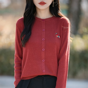春秋精纺羊毛针织开衫女圆领坑条小马刺绣毛衣高级感宽松外套上衣图片