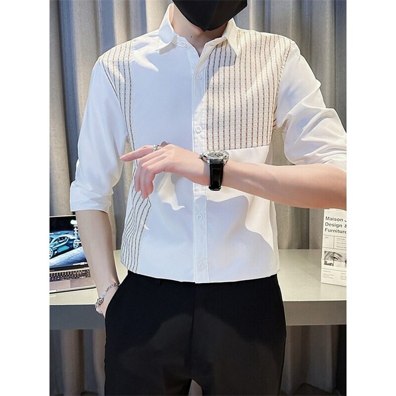 设计感拼接衬衫男短袖休闲痞帅冰丝衬衣服男士夏季翻领五分袖寸衫,男装T恤,星座218-1（原230）