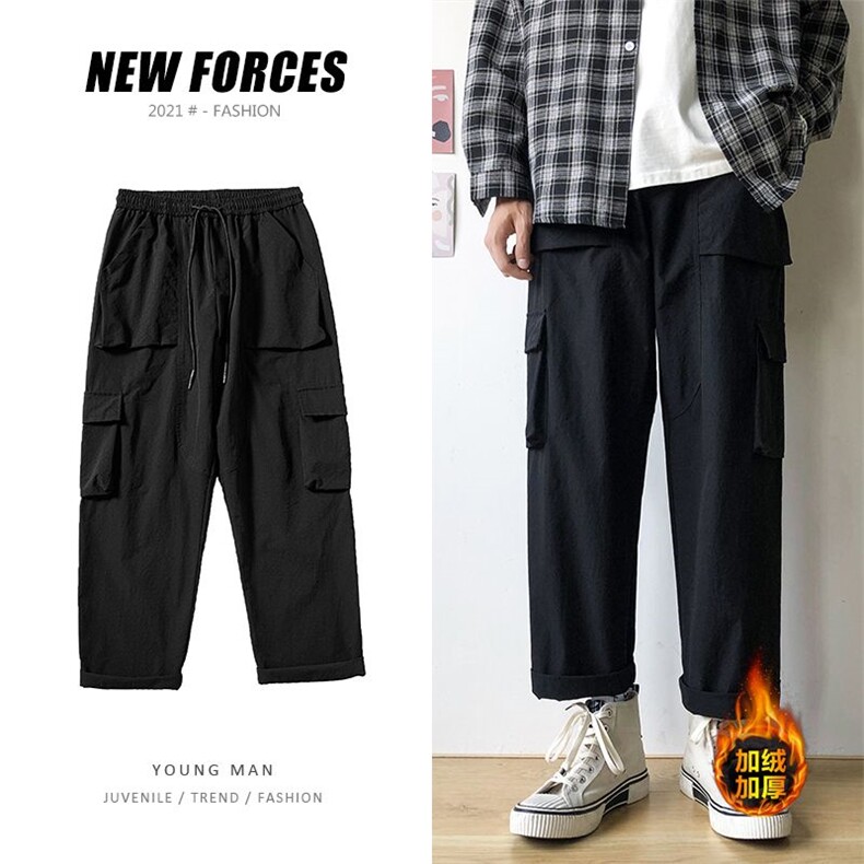 黑色工装裤男士秋冬款加厚潮牌阔腿休闲长宽松款K2021/P50图片