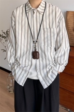 日系男美式简约复古竖条纹撞色宽松长袖衬衫男女春衬衣外套网图，男装衬衫，星座302B