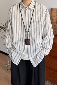 日系男美式简约复古竖条纹撞色宽松长袖衬衫男女春衬衣外套网图图片