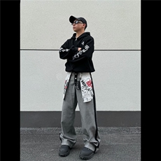 NK1007-P58美式复古设计感做旧反穿大口袋印花牛仔裤男女秋季，男装牛仔裤，电商B323A