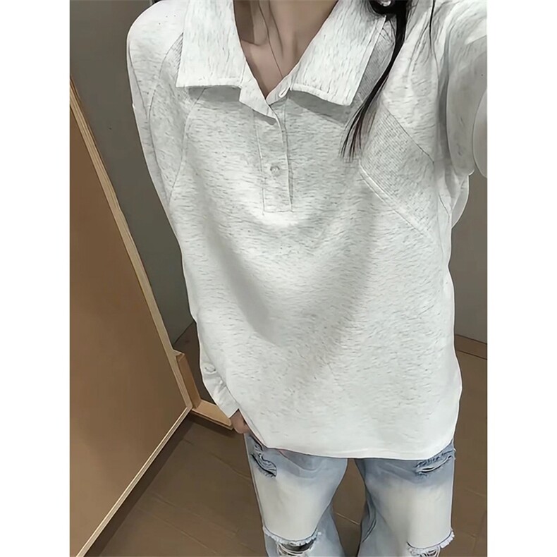 抖音得物高品质美式高街重磅曼巴棉结构螺纹拼接翻领卫衣长袖T恤,男装T恤,电商A486-1