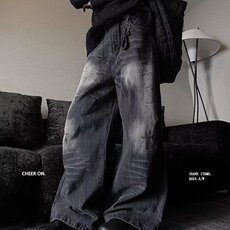 黑色美式高街水洗裂纹褶皱阔腿牛仔裤男女复古潮牌宽松直筒裤子，男装牛仔裤，星座506A