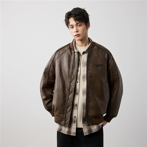 2025美式嘻哈PU皮机车服外套男潮牌宽松防风飞行员棒球服夹克图片