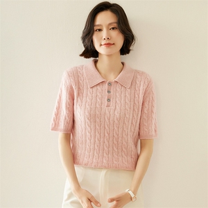 小baby山羊绒衫女春秋新款Polo领麻花短袖T恤显瘦毛衣针织打底衫图片